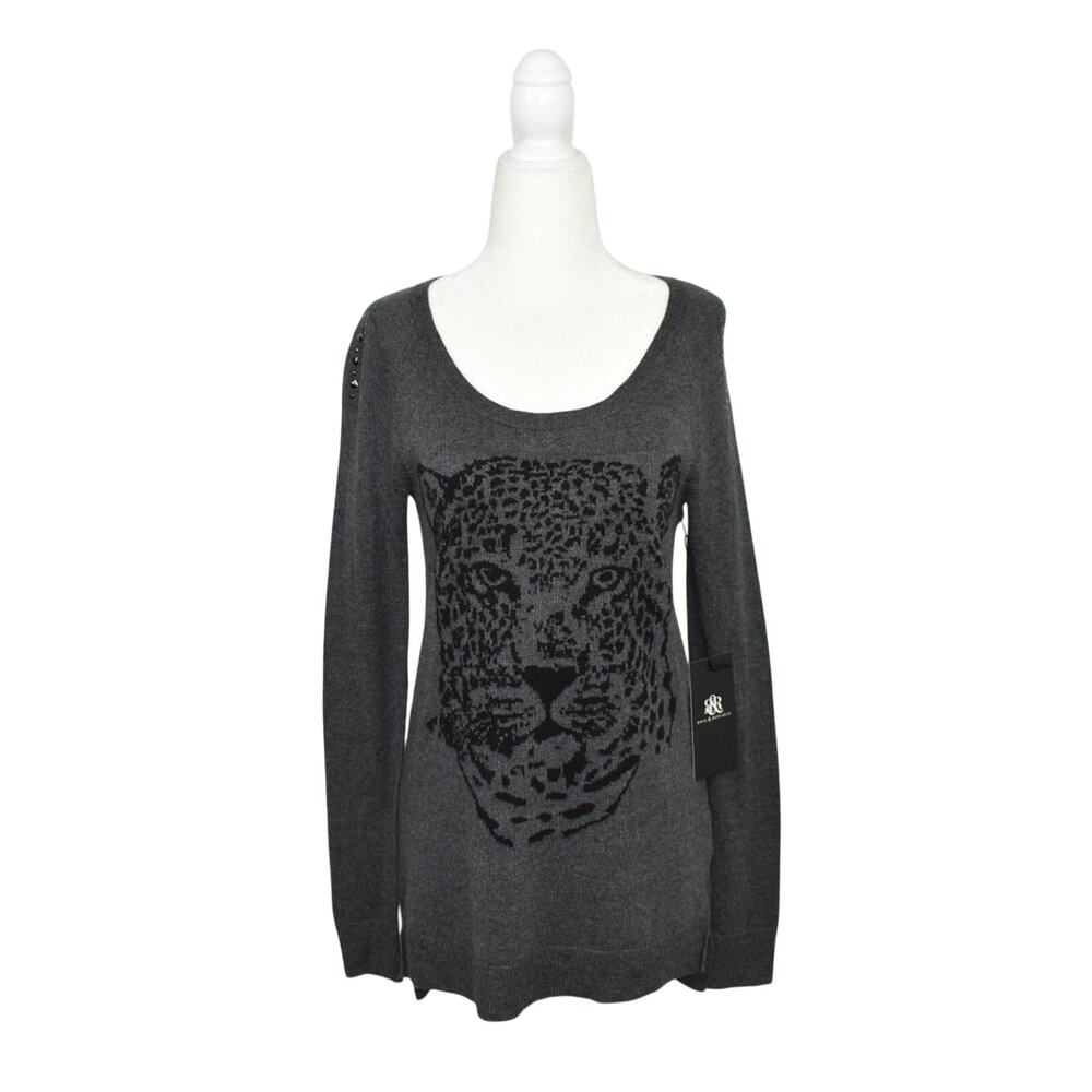Rock & Republic Leopard Graphic Studded Sweater XS Gray Black Gothic Grunge Emo